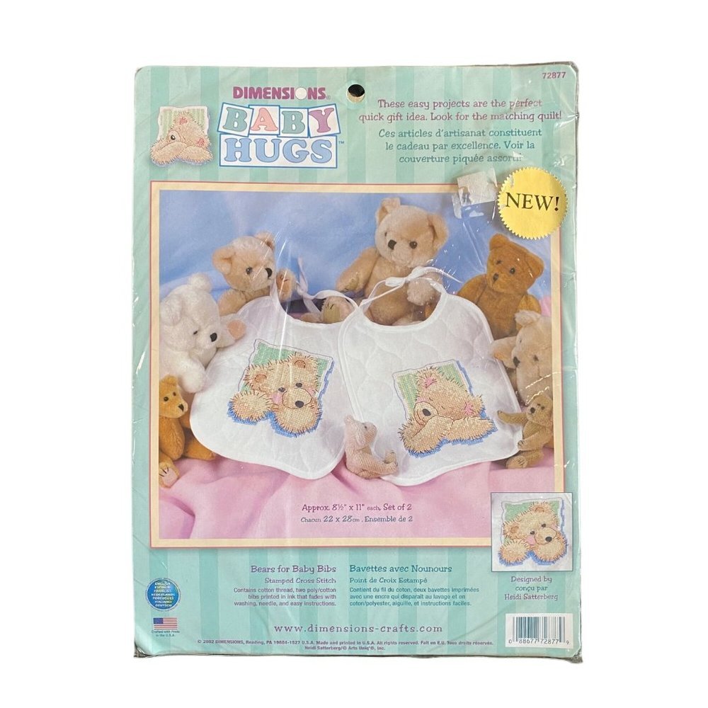 Vtg Dimensions Baby Hugs Bears Baby Bibs Stamped Cross Stitch‎ 8.5"x11" Set of 2
